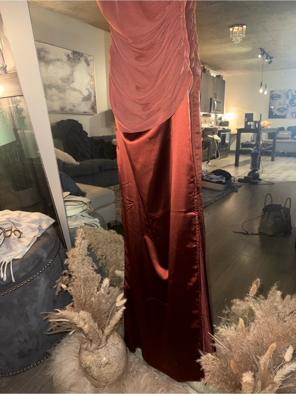 Lulu's Rust Satin Ruched Maxi Dress - Picture 7 of 9